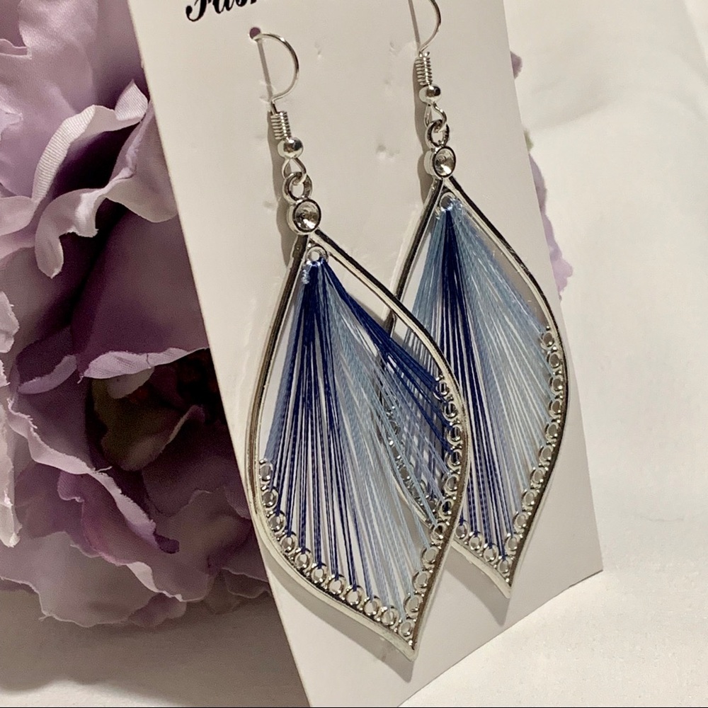 Boho Chic Thread Strung Blue Tone Leaf Earrings - Picture 3 of 6